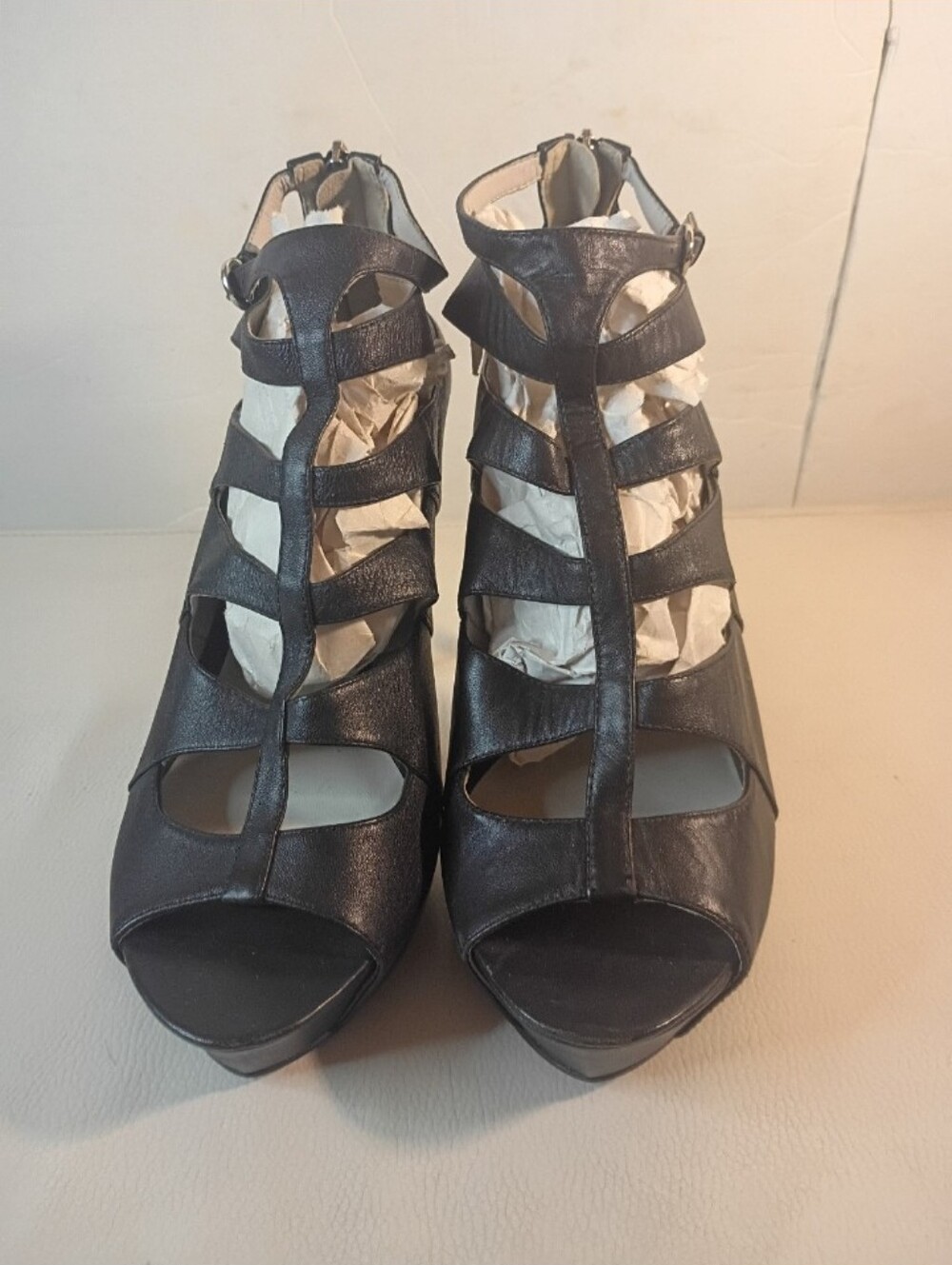 MIEZKO Women's Leather Platform Strappy Cage T-Strap Heels Size 8.5